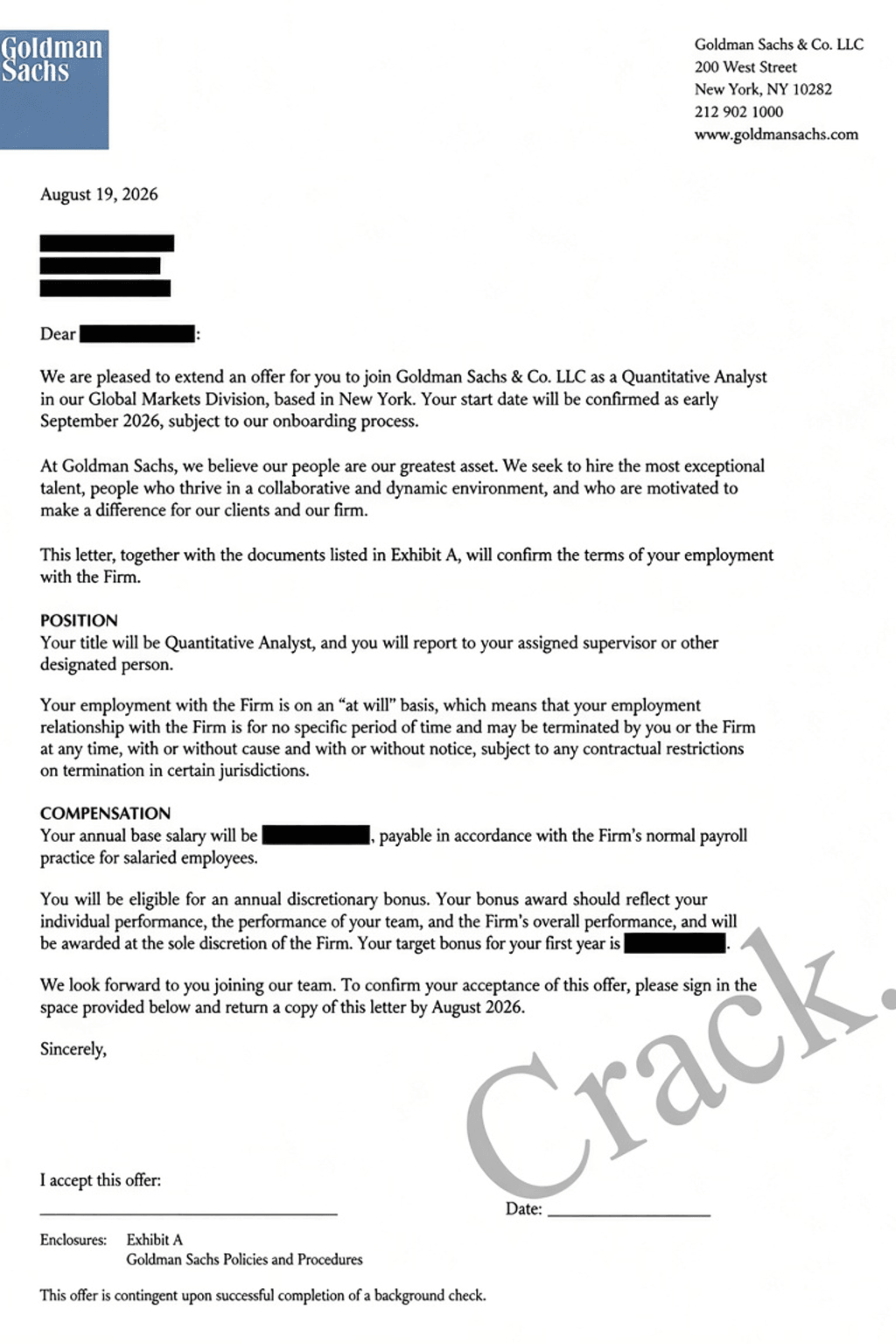 Goldman Sachs Quantitative Analyst offer letter