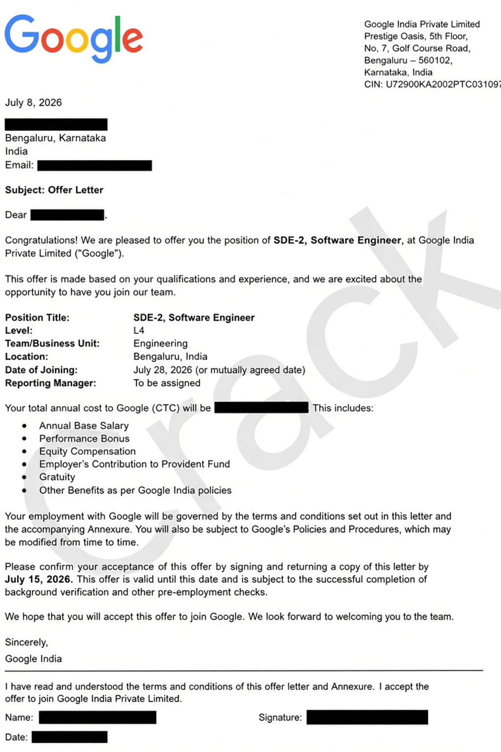 Google SDE-2 offer letter
