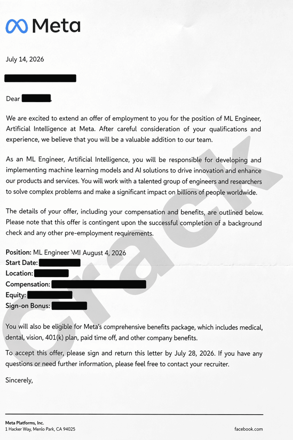Meta ML Engineer offer letter