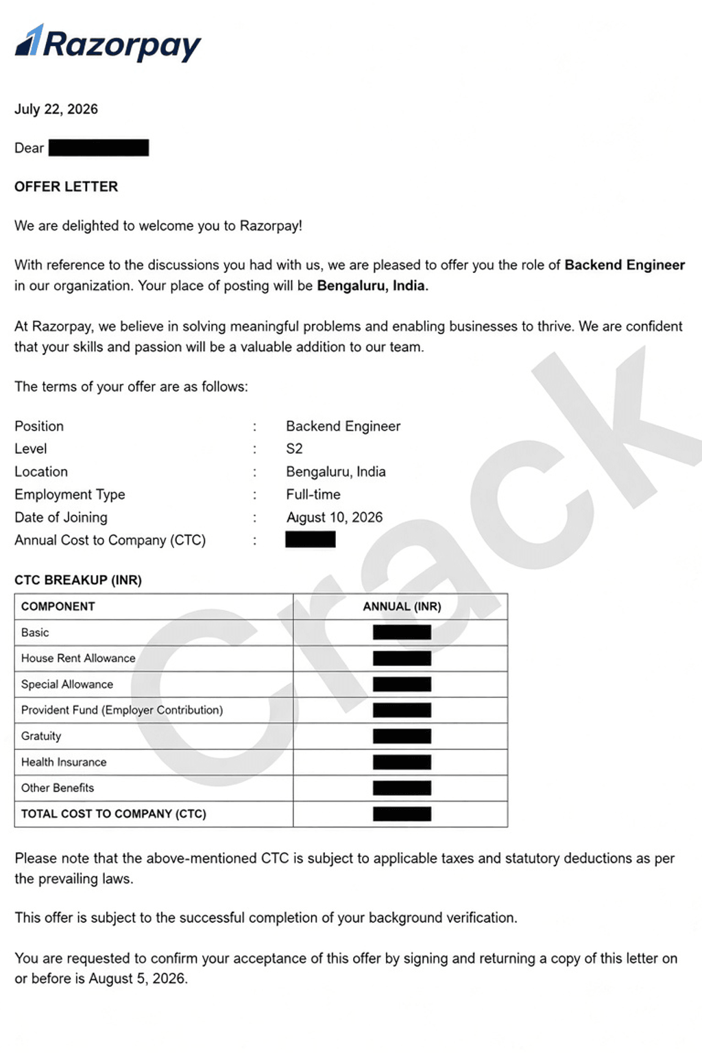 Razorpay Backend Engineer offer letter